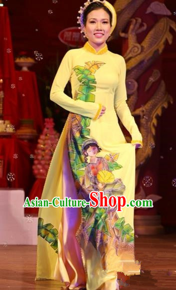 Traditional Top Grade Asian Vietnamese Costumes Classical Printing Wedding Full Dress, Vietnam National Ao Dai Dress Bride Yellow Stand Collar Qipao for Women