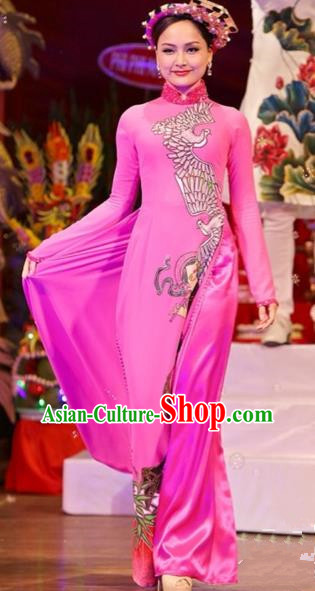 Traditional Top Grade Asian Vietnamese Costumes Classical Printing Wedding Full Dress, Vietnam National Ao Dai Dress Bride Pink Qipao for Women