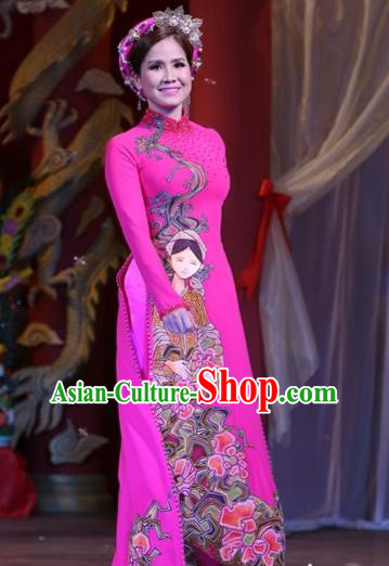 Traditional Top Grade Asian Vietnamese Costumes Classical Printing Wedding Full Dress, Vietnam National Ao Dai Dress Bride Rosy Stand Collar Qipao for Women