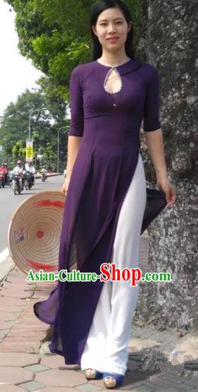 Traditional Top Grade Asian Vietnamese Costumes Classical Full Dress and Loose Pants, Vietnam National Ao Dai Dress Purple Qipao for Women