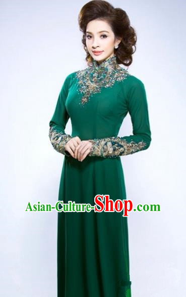 Traditional Top Grade Asian Vietnamese Costumes Classical Hand Embroidery Full Dress and Loose Pants, Vietnam National Ao Dai Dress Green Qipao for Women