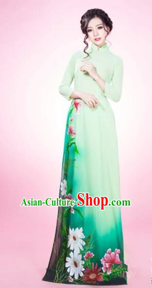 Traditional Top Grade Asian Vietnamese Costumes Classical Silk Full Dress and Loose Pants, Vietnam National Ao Dai Dress Green Qipao for Women