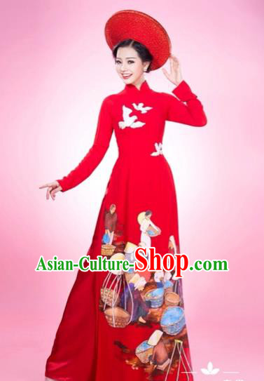 Traditional Top Grade Asian Vietnamese Costumes Classical Printing Full Dress and Loose Pants, Vietnam National Ao Dai Dress Red Qipao for Women