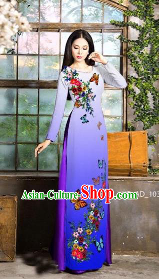 Traditional Top Grade Asian Vietnamese Costumes Classical Love of Butterfly Full Dress, Vietnam National Ao Dai Dress Purple Qipao for Women