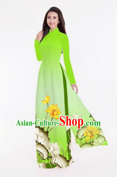 Traditional Top Grade Asian Vietnamese Costumes Classical Printing Lotus Full Dress, Vietnam National Ao Dai Dress Catwalks Light Green Qipao for Women