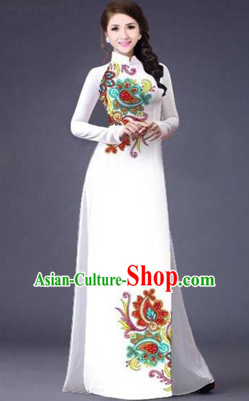 Traditional Top Grade Asian Vietnamese Costumes Classical Printing Flowers Pattern Full Dress, Vietnam National Ao Dai Dress Catwalks White Qipao for Women
