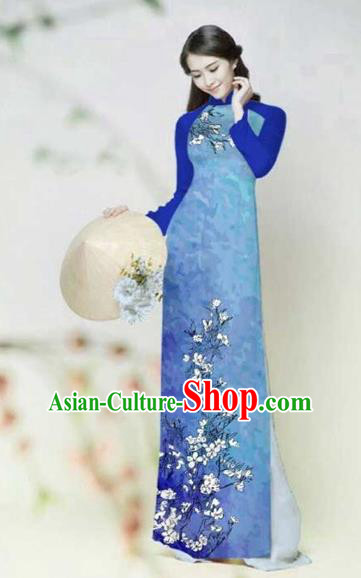 Traditional Top Grade Asian Vietnamese Costumes Classical Printing Plum Blossom Full Dress, Vietnam National Ao Dai Dress Catwalks Blue Qipao for Women