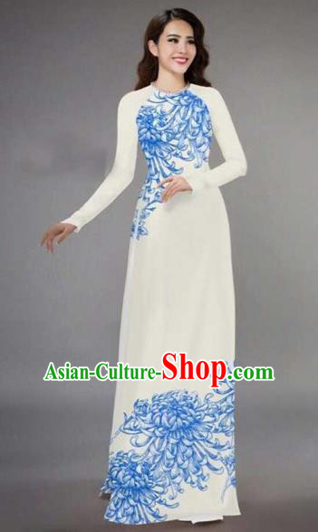 Traditional Top Grade Asian Vietnamese Costumes Classical Printing Chrysanthemum Full Dress, Vietnam National Ao Dai Dress Catwalks White Qipao for Women