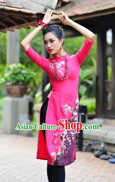 Traditional Top Grade Asian Vietnamese Costumes Classical Printing Flowers Full Dress, Vietnam National Ao Dai Dress Catwalks Rosy Short Qipao for Women