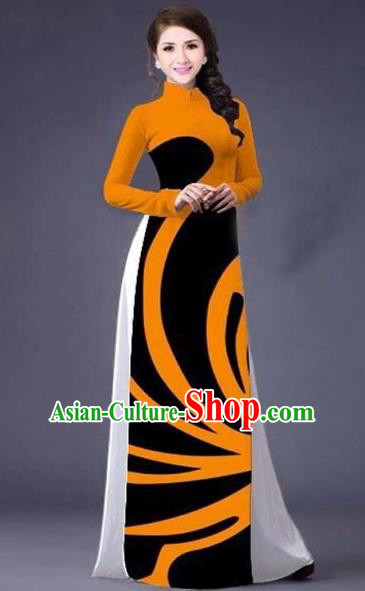 Traditional Top Grade Asian Vietnamese Costumes Classical Stripe Printing Full Dress, Vietnam National Ao Dai Dress Catwalks Orange Qipao for Women