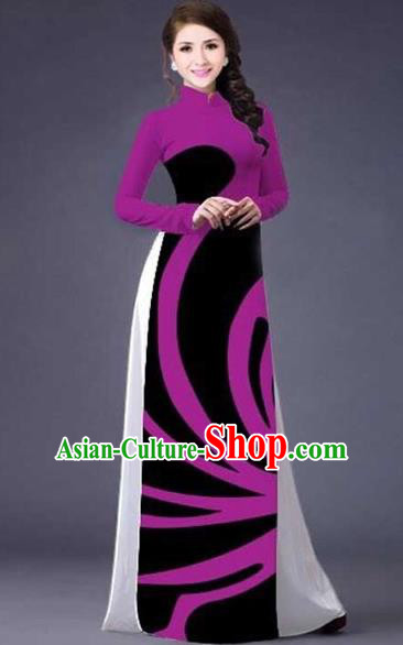 Traditional Top Grade Asian Vietnamese Costumes Classical Stripe Printing Full Dress, Vietnam National Ao Dai Dress Catwalks Rosy Qipao for Women