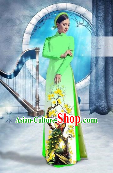 Traditional Top Grade Asian Vietnamese Costumes Classical Printing Peacock Full Dress, Vietnam National Ao Dai Dress Catwalks Debutante Green Qipao for Women