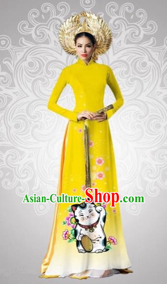 Traditional Top Grade Asian Vietnamese Costumes Classical Printing Cats Full Dress, Vietnam National Ao Dai Dress Catwalks Debutante Yellow Qipao for Women