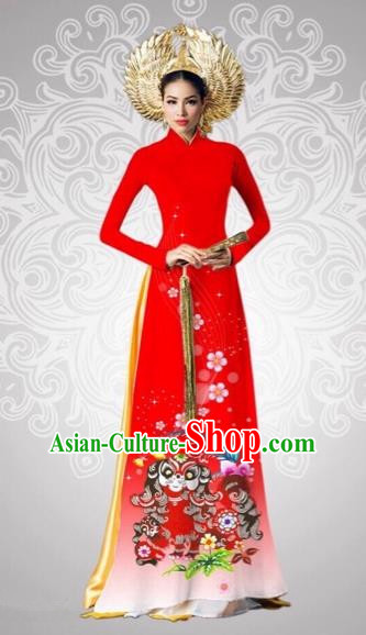 Traditional Top Grade Asian Vietnamese Costumes Classical Printing New Year Full Dress, Vietnam National Ao Dai Dress Catwalks Debutante Red Qipao for Women