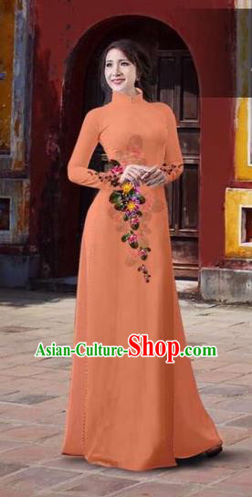 Traditional Top Grade Asian Vietnamese Costumes Classical 3D Printing Flowers Full Dress, Vietnam National Ao Dai Dress Catwalks Debutante Orange Qipao for Women