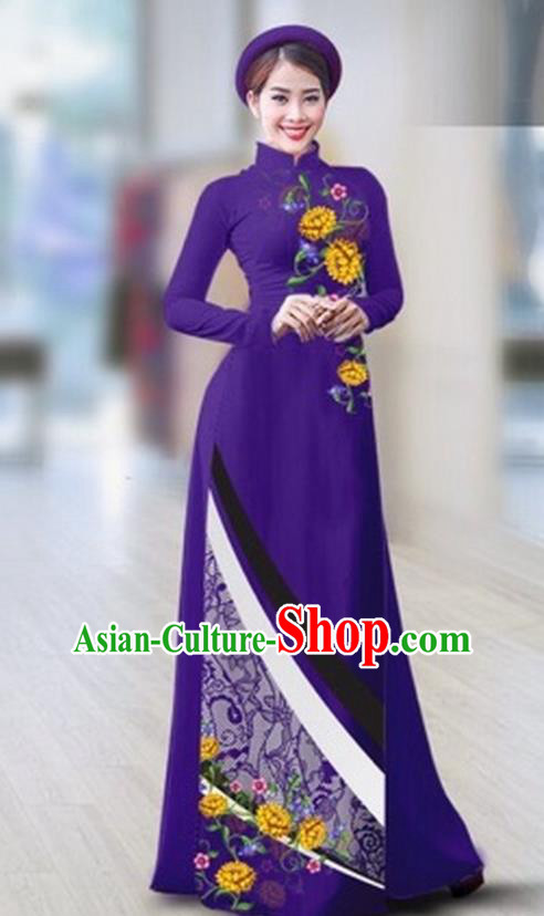 Traditional Top Grade Asian Vietnamese Costumes Classical Printing Full Dress Dance Cothing, Vietnam National Ao Dai Dress Catwalks Debutante Purple Qipao for Women