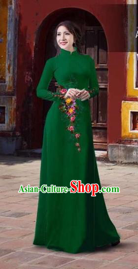 Traditional Top Grade Asian Vietnamese Costumes Classical 3D Printing Flowers Full Dress, Vietnam National Ao Dai Dress Catwalks Debutante Green Qipao for Women