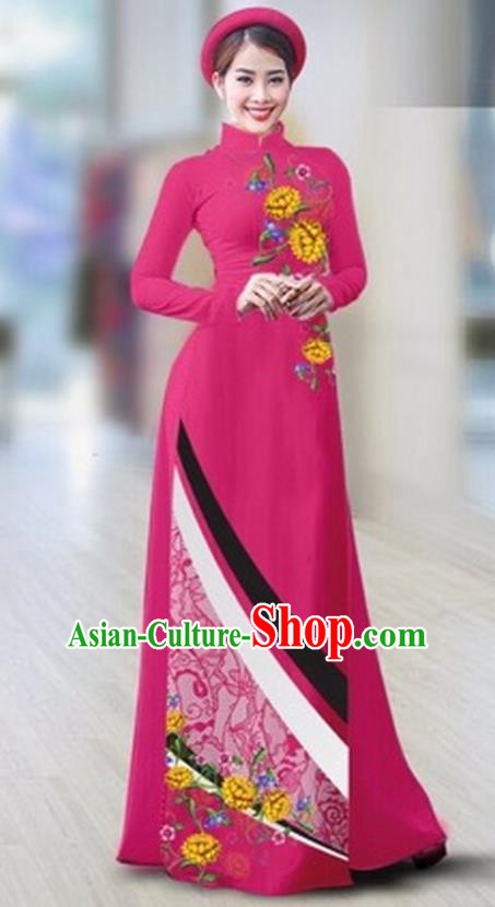 Traditional Top Grade Asian Vietnamese Costumes Classical Printing Full Dress Dance Cothing, Vietnam National Ao Dai Dress Catwalks Debutante Rosy Qipao for Women