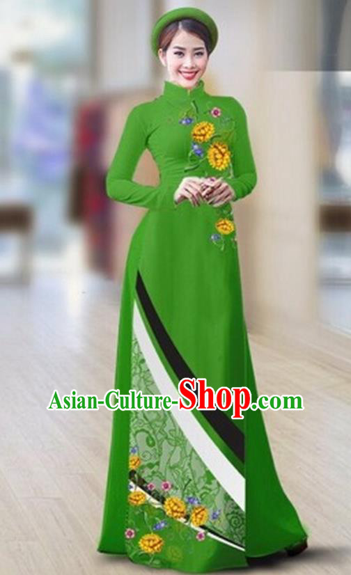 Traditional Top Grade Asian Vietnamese Costumes Classical Printing Full Dress Dance Cothing, Vietnam National Ao Dai Dress Catwalks Debutante Green Qipao for Women