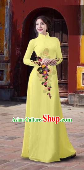Traditional Top Grade Asian Vietnamese Costumes Classical 3D Printing Flowers Full Dress, Vietnam National Ao Dai Dress Catwalks Debutante Yellow Qipao for Women