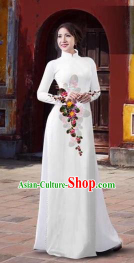 Traditional Top Grade Asian Vietnamese Costumes Classical 3D Printing Flowers Full Dress, Vietnam National Ao Dai Dress Catwalks Debutante White Qipao for Women