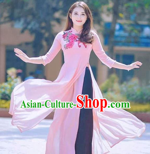 Traditional Top Grade Asian Vietnamese Costumes Classical Printing Flowers Full Dress, Vietnam National Ao Dai Dress Catwalks Debutante Pink Chiffon Qipao for Women