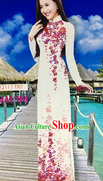 Traditional Top Grade Asian Vietnamese Costumes Classical Printing Full Dress, Vietnam National Ao Dai Dress White Cheongsam for Women