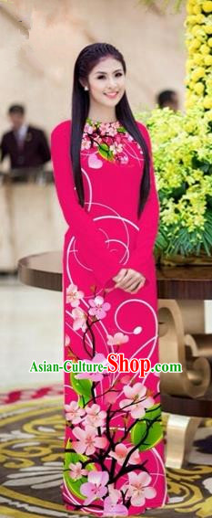 Traditional Top Grade Asian Vietnamese Costumes Classical Printing Peach Blossom Princess Full Dress, Vietnam National Ao Dai Dress Rosy Cheongsam for Women