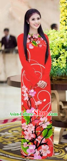 Traditional Top Grade Asian Vietnamese Costumes Classical Printing Peach Blossom Princess Full Dress, Vietnam National Ao Dai Dress Red Cheongsam for Women
