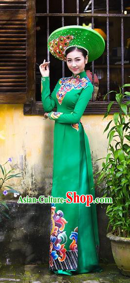 Traditional Top Grade Asian Vietnamese Costumes Classical Printing Bride Full Dress, Vietnam National Ao Dai Dress Wedding Green Cheongsam for Women
