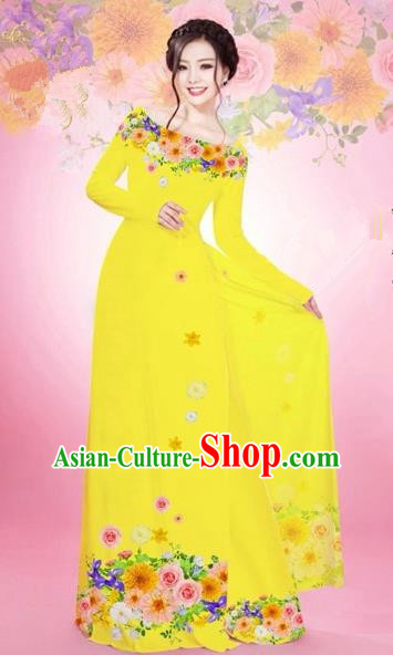 Traditional Top Grade Asian Vietnamese Costumes Classical Printing Flowers Bride Off Shoulder Full Dress, Vietnam National Ao Dai Dress Yellow Chiffon Cheongsam for Women