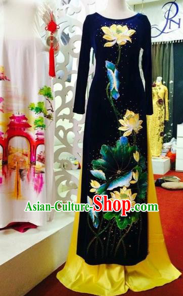 Traditional Top Grade Asian Vietnamese Costumes Classical Embroidery Lotus Full Dress Dance Cothing, Vietnam National Ao Dai Dress Catwalks Debutante Pleuche Qipao for Women