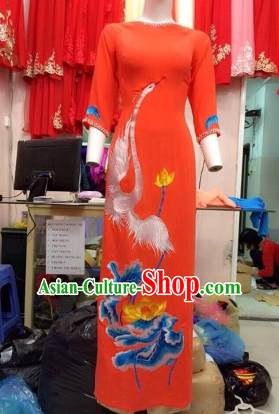 Traditional Top Grade Asian Vietnamese Costumes Classical Hand Painting Full Dress, Vietnam National Ao Dai Dress Catwalks Debutante Orange Qipao for Women