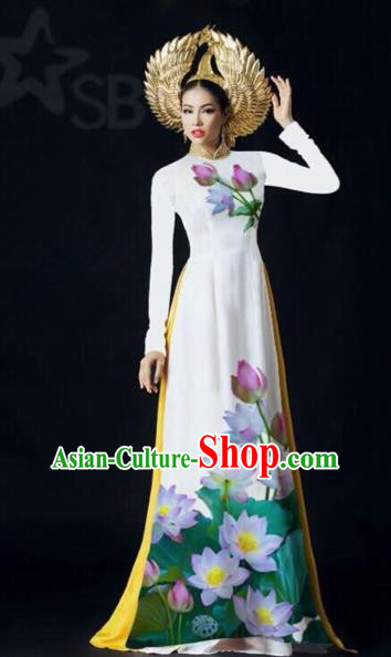 Traditional Top Grade Asian Vietnamese Costumes Classical Painting Lotus Full Dress, Vietnam National Ao Dai Dress Catwalks Debutante White Qipao for Women