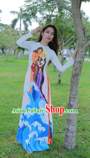 Traditional Top Grade Asian Vietnamese Costumes Classical Hand Painting Full Dress, Vietnam National Ao Dai Dress Catwalks Debutante White Qipao for Women