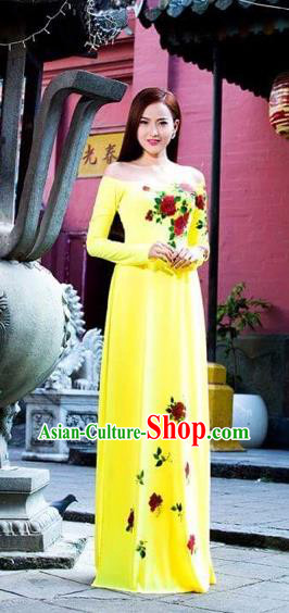 Traditional Top Grade Asian Vietnamese Costumes Classical Printing Flowers Full Dress, Vietnam National Ao Dai Dress Yellow Qipao Dance Clothing for Women