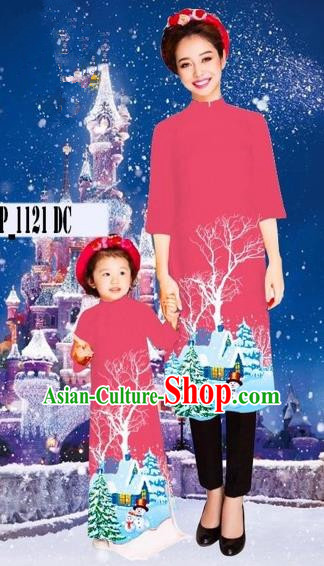 Traditional Top Grade Asian Vietnamese Costumes Classical Printing Christmas Pink Full Dress, Vietnam National Ao Dai Dress Mother-daughter Cheongsam for Women for Kids