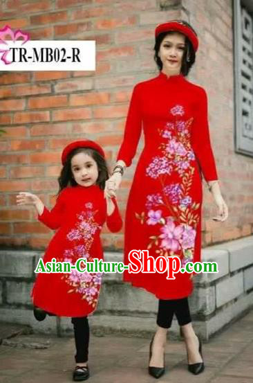 Traditional Top Grade Asian Vietnamese Costumes Classical Printing Cheongsam, Vietnam National Ao Dai Dress Parent-child Red Full Dress for Women for Kids