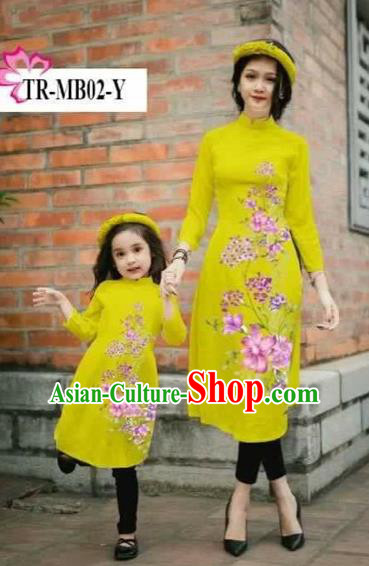 Traditional Top Grade Asian Vietnamese Costumes Classical Printing Cheongsam, Vietnam National Ao Dai Dress Parent-child Yellow Full Dress for Women for Kids