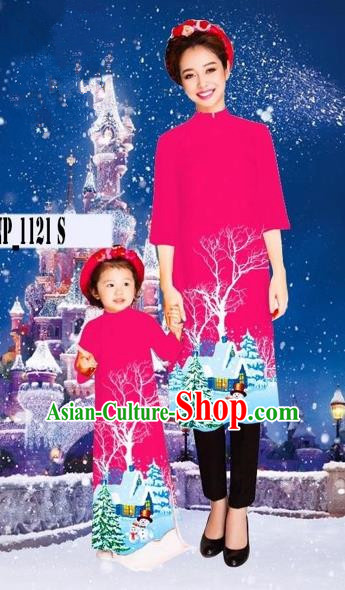 Traditional Top Grade Asian Vietnamese Costumes Classical Printing Christmas Rosy Full Dress, Vietnam National Ao Dai Dress Mother-daughter Cheongsam for Women for Kids
