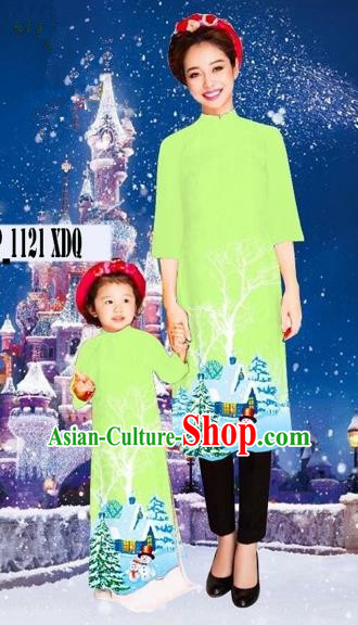 Traditional Top Grade Asian Vietnamese Costumes Classical Printing Christmas Green Full Dress, Vietnam National Ao Dai Dress Mother-daughter Cheongsam for Women for Kids