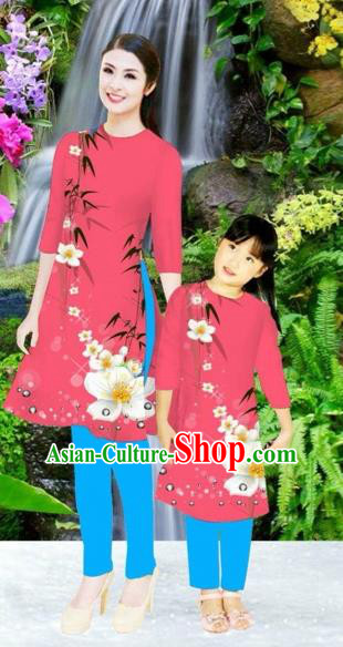 Traditional Top Grade Asian Vietnamese Costumes Classical Printing Flowers Pink Full Dress, Vietnam National Ao Dai Dress Mother-daughter Cheongsam for Women for Kids
