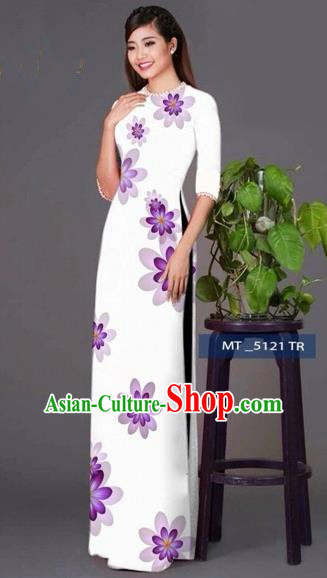 Traditional Top Grade Asian Vietnamese Costumes Classical Princess Full Dress, Vietnam National Ao Dai Dress White Cheongsam for Women