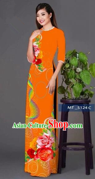 Traditional Top Grade Asian Vietnamese Costumes Classical Princess Printing Cheongsam, Vietnam National Ao Dai Dress Orange Full Dress for Women