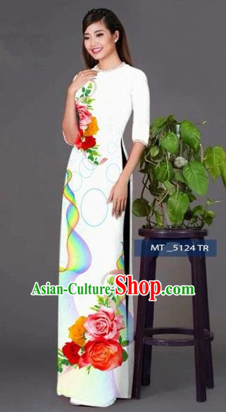 Traditional Top Grade Asian Vietnamese Costumes Classical Princess Printing Cheongsam, Vietnam National Ao Dai Dress White Full Dress for Women