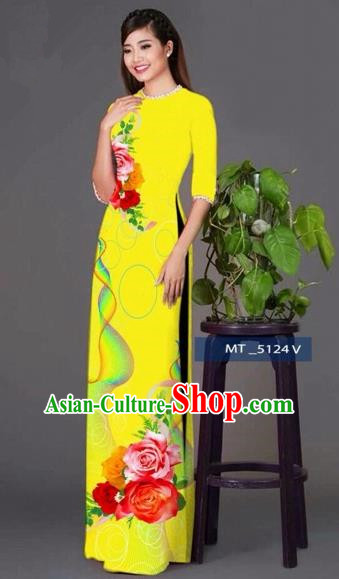 Traditional Top Grade Asian Vietnamese Costumes Classical Princess Printing Cheongsam, Vietnam National Ao Dai Dress Yellow Full Dress for Women
