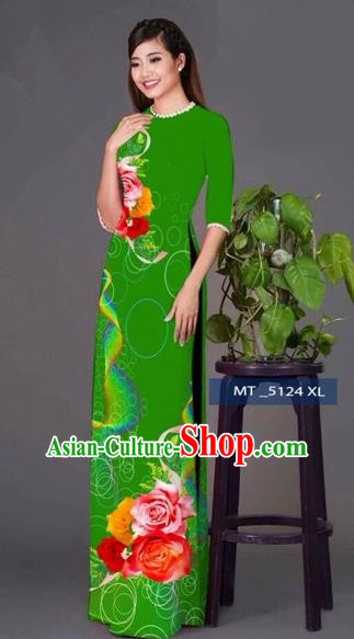 Traditional Top Grade Asian Vietnamese Costumes Classical Princess Printing Cheongsam, Vietnam National Ao Dai Dress Green Full Dress for Women