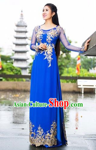 Traditional Top Grade Asian Vietnamese Costumes Classical Embroidery Cheongsam, Vietnam National Ao Dai Dress Blue Full Dress for Women