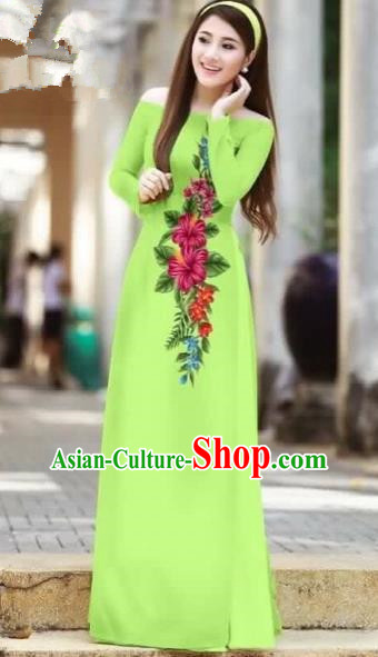 Traditional Top Grade Asian Vietnamese Costumes Classical Printing Cheongsam, Vietnam National Ao Dai Dress Beauty Contest Green Full Dress for Women