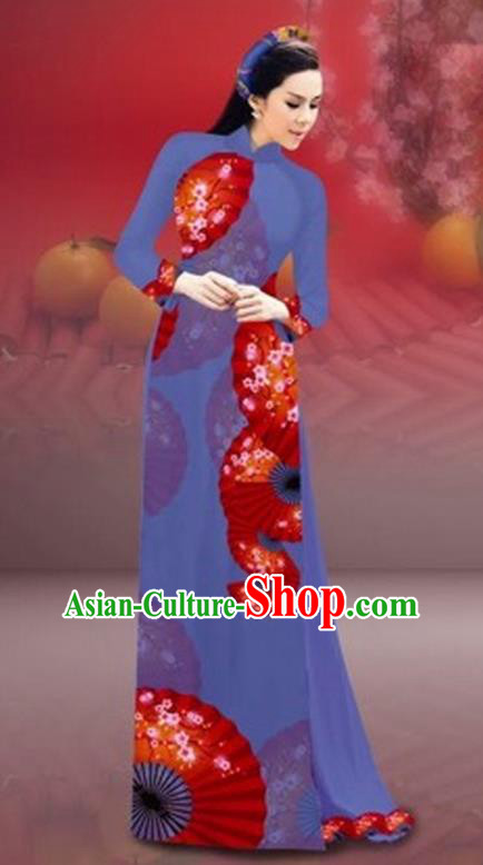 Traditional Top Grade Asian Vietnamese Costumes Classical New Year Printing Cheongsam, Vietnam National Dusty Blue Ao Dai Dress for Women
